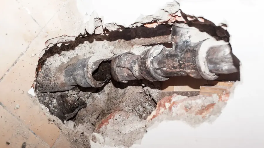 A failed pipe in an exterior wall cavity of a Forest Park, GA home after a freeze