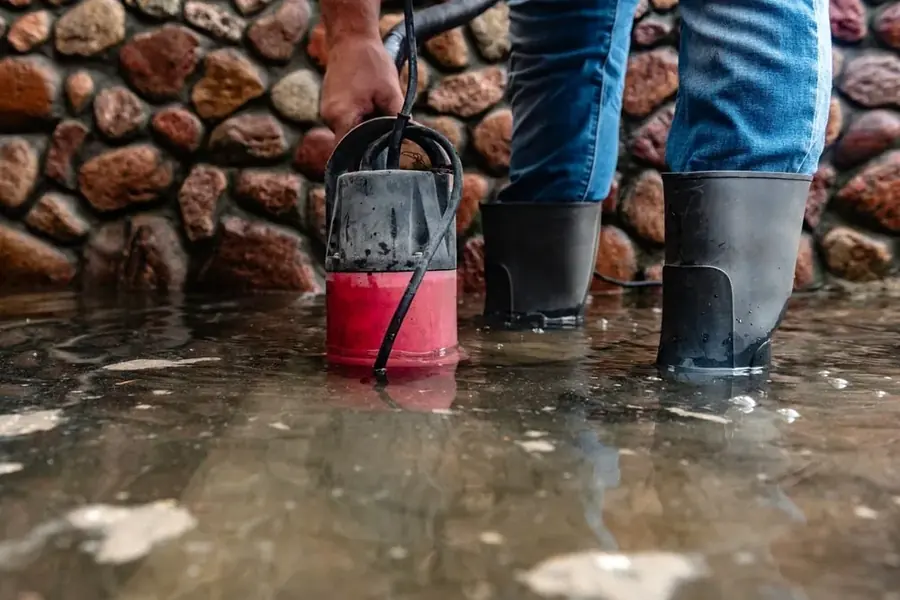 Water heater failure flooding a floor in a Forest Park, GA home with a submersible pump
